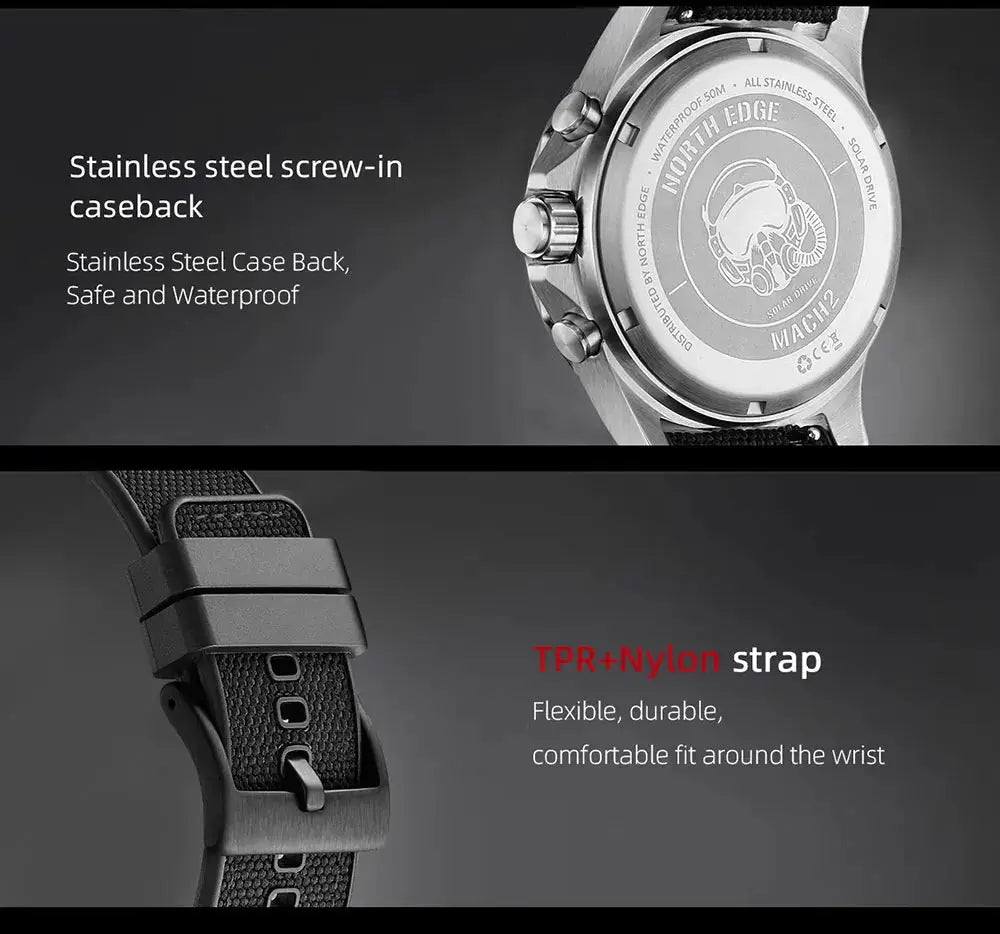 NORTH EDGE Mach 2 men's watch, stainless steel case with screw-in back, TPR+nylon strap