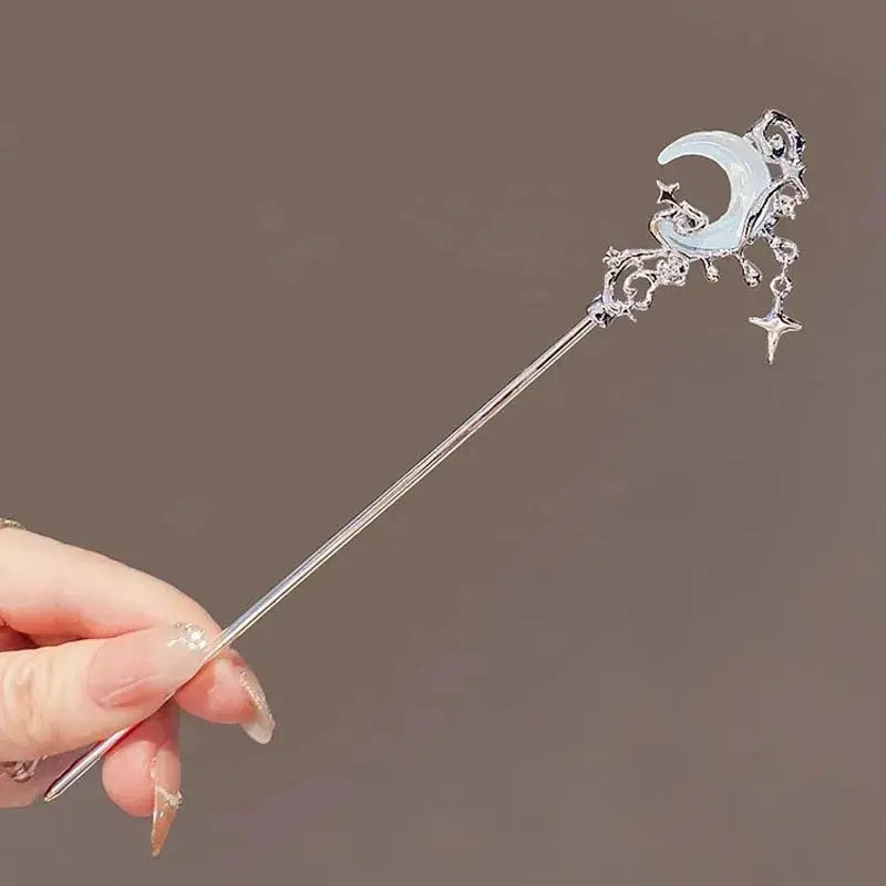 Vintage Moonstone Moon Star Hair Sticks For Women Chinese Style Cross Tassel Hairpin Hair Chopsticks Hair Accessories