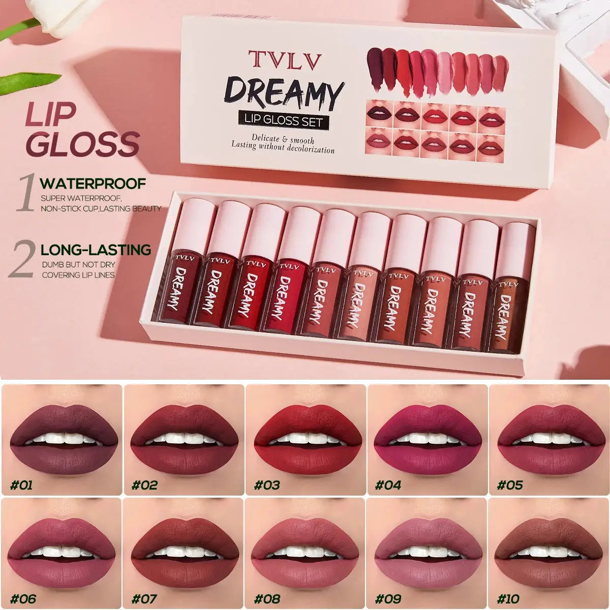 LumiLuxe Velvet Kiss 10 Piece Lip Gloss Lipstick Set Waterproof Long Lasting Moisturizing Valentines Day Gift