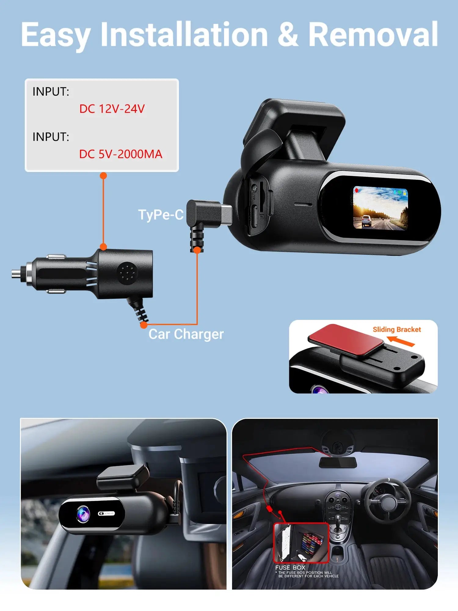 Simples Market black dash cam for cars, 4K UHD front and rear camera with HDR and built-in Wi-Fi