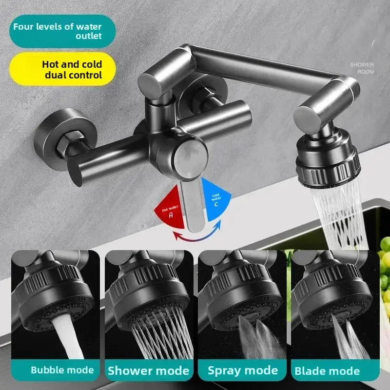 Stainless steel wall-mounted kitchen faucet by Simples Market with hot/cold dual control and 360° rotation; four modes.