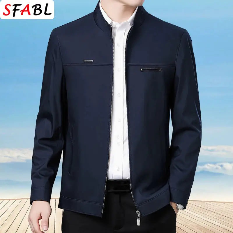 Men's navy zip-front blazer jacket with stand collar, two chest zip pockets; SFABL logo visible.