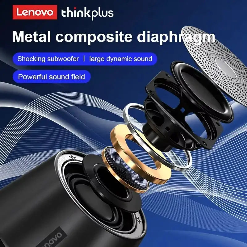 Lenovo ThinkPlus portable Bluetooth speaker, black with exploded metal diaphragm components
