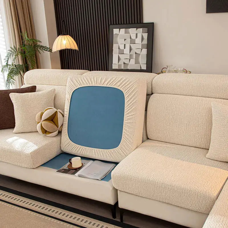 Sofa cover by Simples Market; thick plush beige fabric with blue center panel, elastic removable cushion cover.