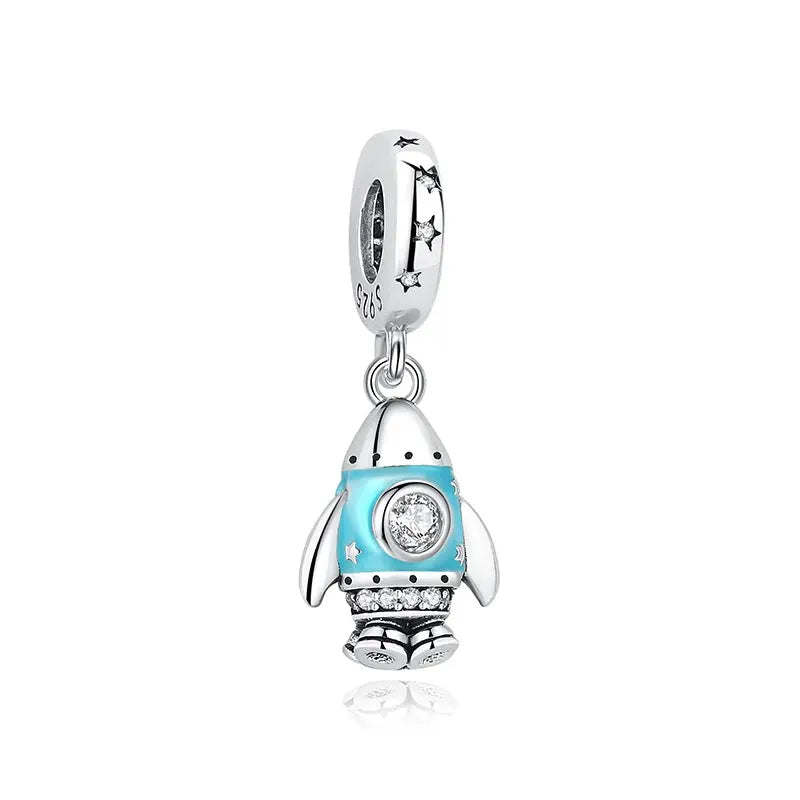 Rocket charm bead in 925 sterling silver with turquoise enamel and zircon crystal by Simples Market for DIY bracelets