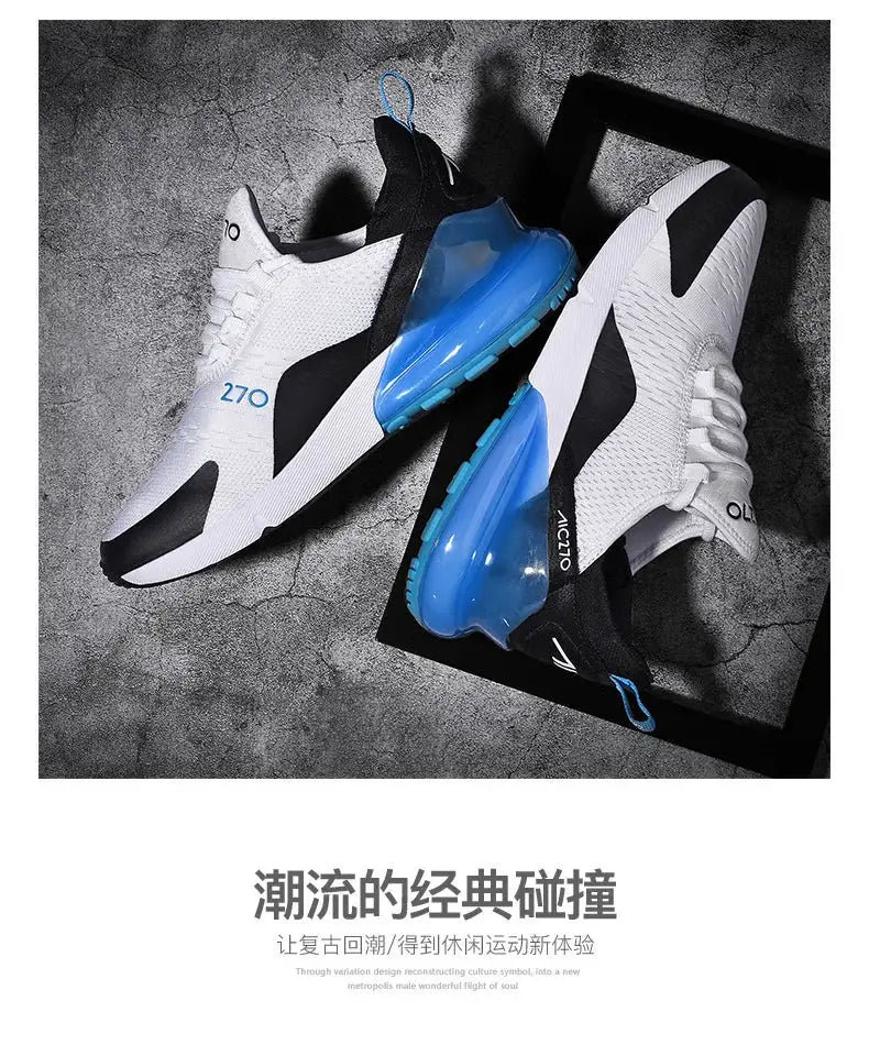 Pair of men's white mesh sneakers with blue translucent platform soles