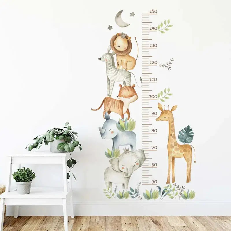 3pc cartoon playful animals height ruler wall stickers set, waterproof PVC, removable for kids' room decor.