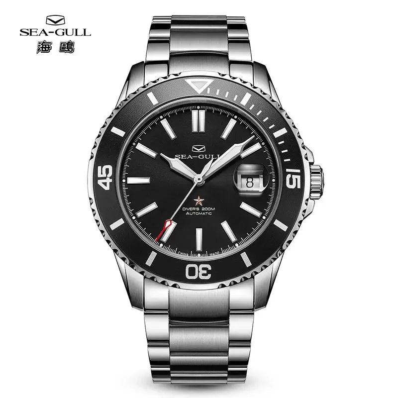 Sea-Gull men's diver watch with stainless steel bracelet, black dial, date window, 200m water resistance