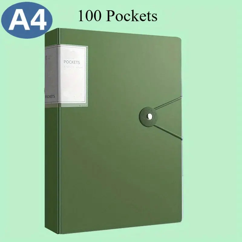 A4 100-pocket portfolio binder, green document organizer for designers and students