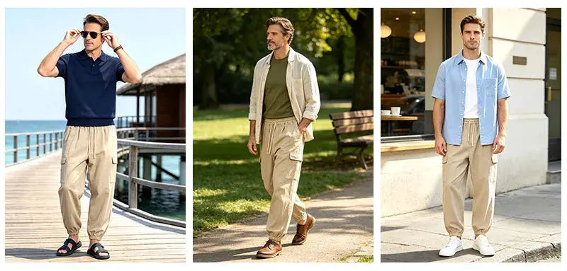 Men's cotton linen blend cargo jogger pants with elastic waist and drawstring, beige; Simples Market; three looks