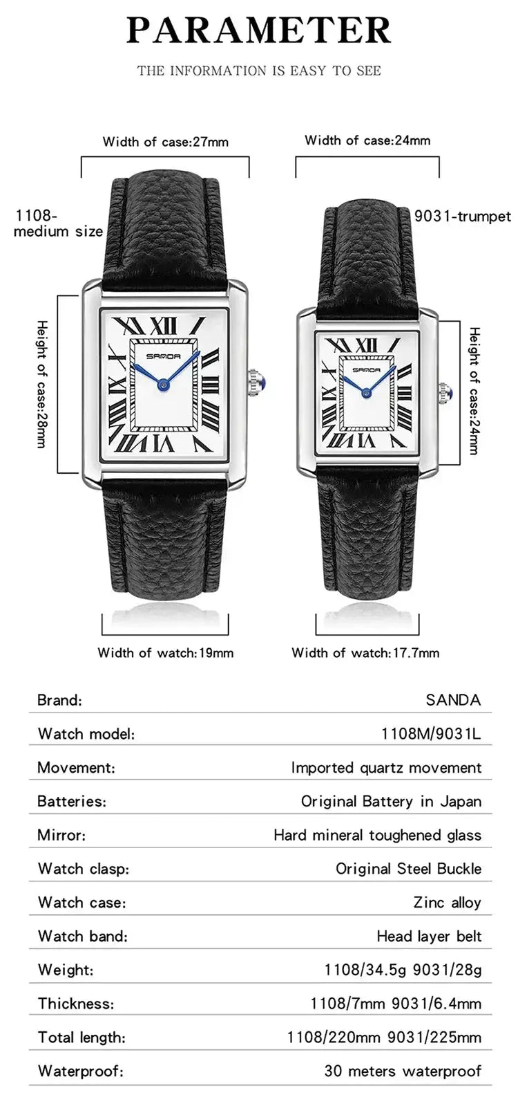 SANDA luxury couple quartz watches for him and her, black leather straps, silver rectangular cases, Roman numeral dials.