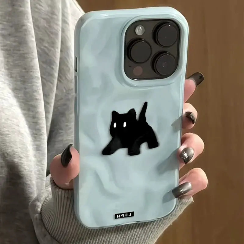 Phone case for iPhone; light blue candy color with a black fuzzy cat graphic, shockproof protective cover