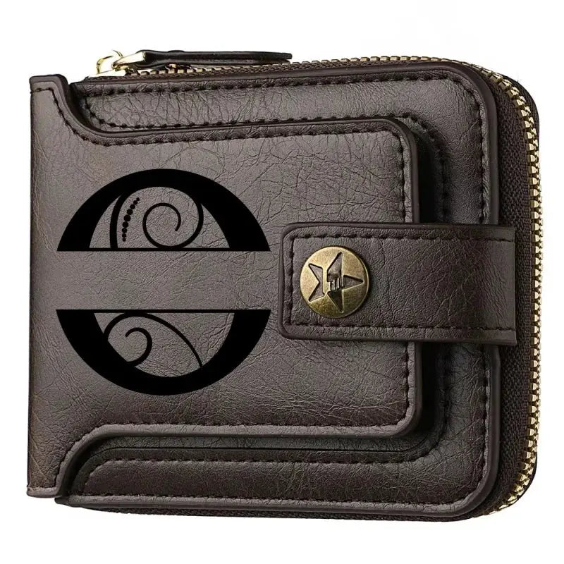 PU leather short men's wallet with zipper and strap, brown, compact bifold design.