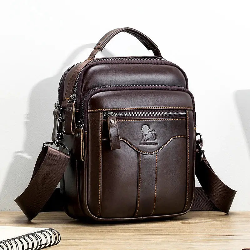 Simples Market men's brown leather crossbody bag with front zip pocket and top handle