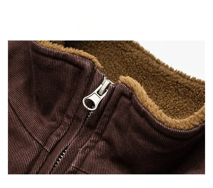 Japanese vintage polar fleece jacket for men, brown outer fabric with tan fleece lining and metal zipper detail