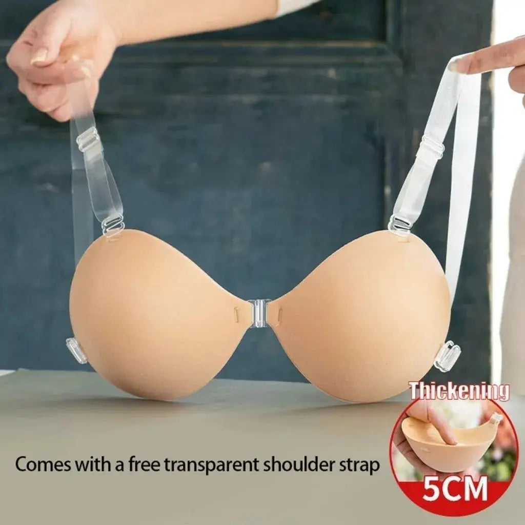 Beige adhesive padded strapless push-up bra with clear adjustable shoulder straps and front clasp, 5 cm thick