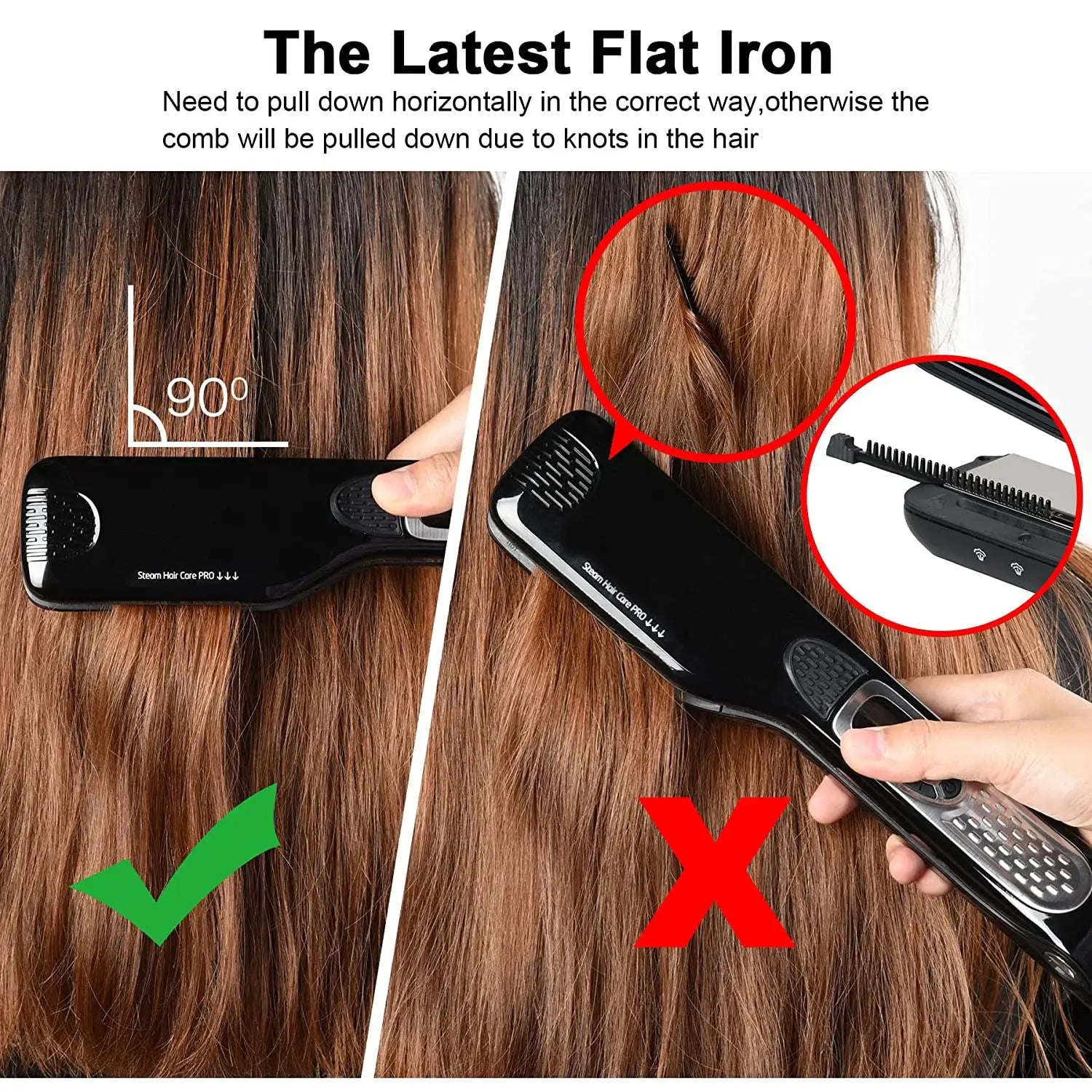 Hair straightener with titanium plates and comb attachment, black