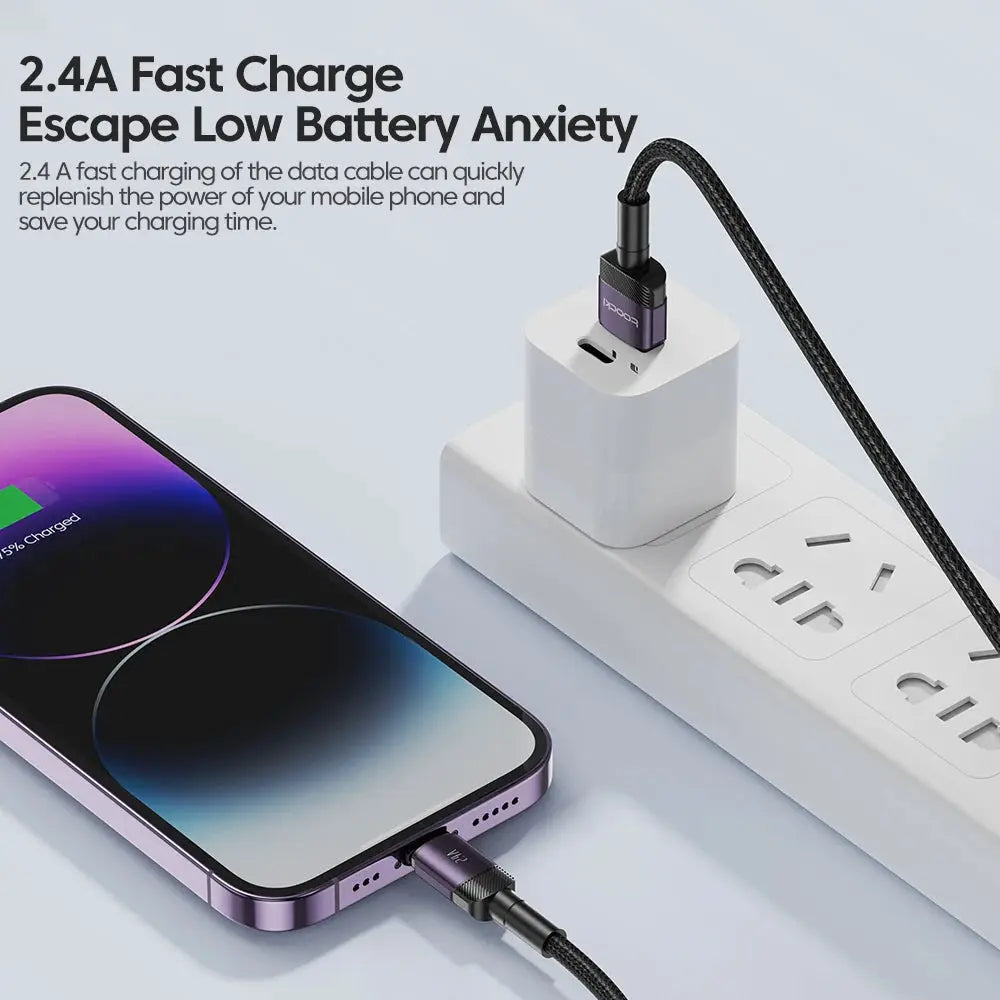 Toocki USB Cable for iPhone, black braided charger plugged into a purple iPhone near a power strip
