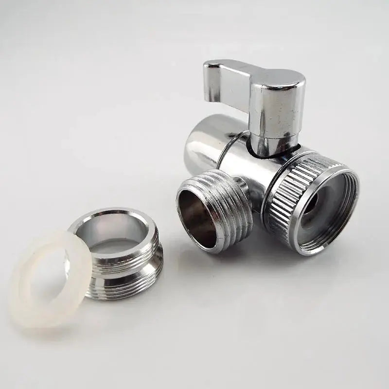 Chrome-plated bathroom bidet sprayer valve with two threaded ends and 1 white washer