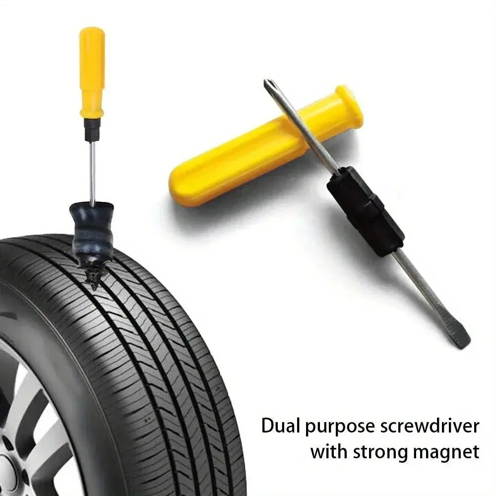 Simples Market emergency tire repair kit with yellow-handled screwdriver and plug tool, includes storage case.
