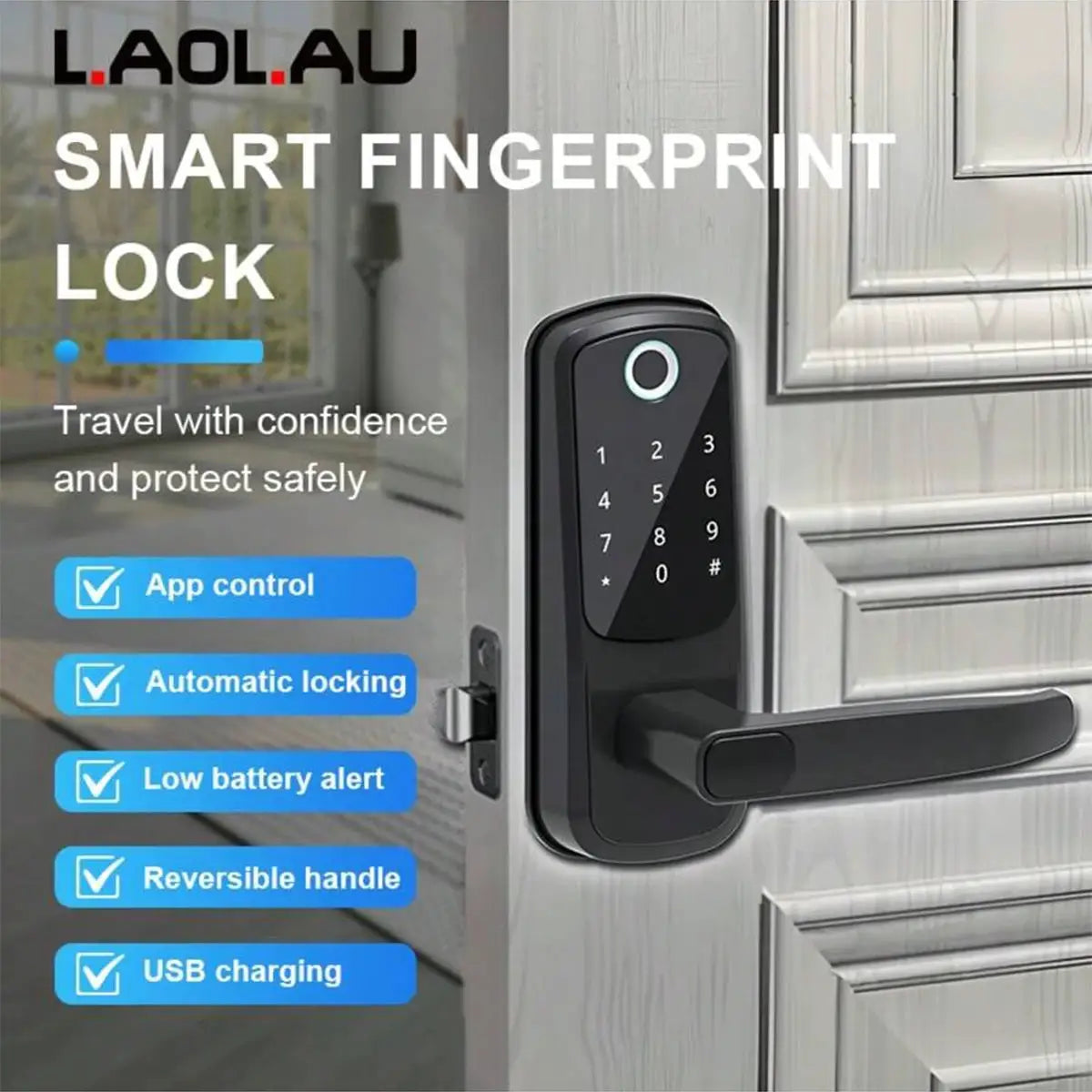 Simples Market smart fingerprint door lock with app control and USB charging in black finish