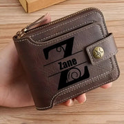 Personalized PU leather short bifold wallet for men, brown with Zane engraving, zippered top and brass snap strap