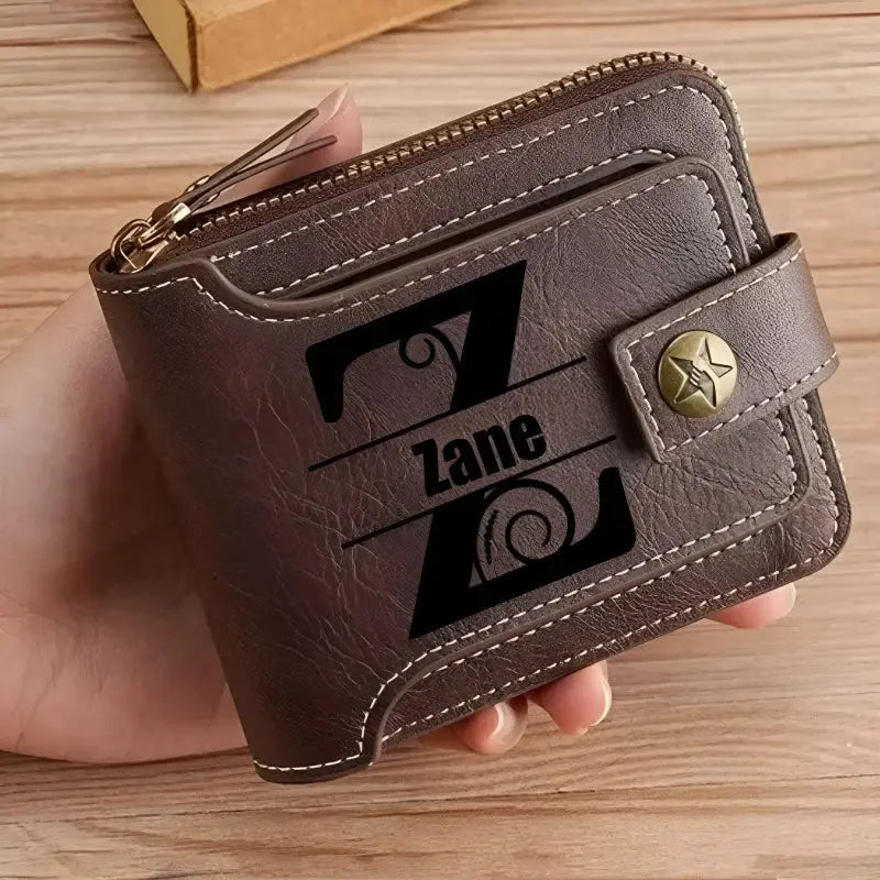Personalized PU leather short bifold wallet for men, brown with Zane engraving, zippered top and brass snap strap