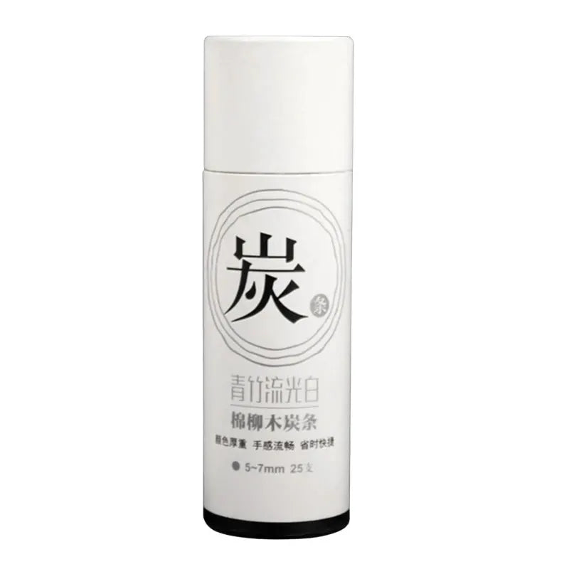 Simples Market 25-pack charcoal sticks for sketching; white cylindrical container with black logo.