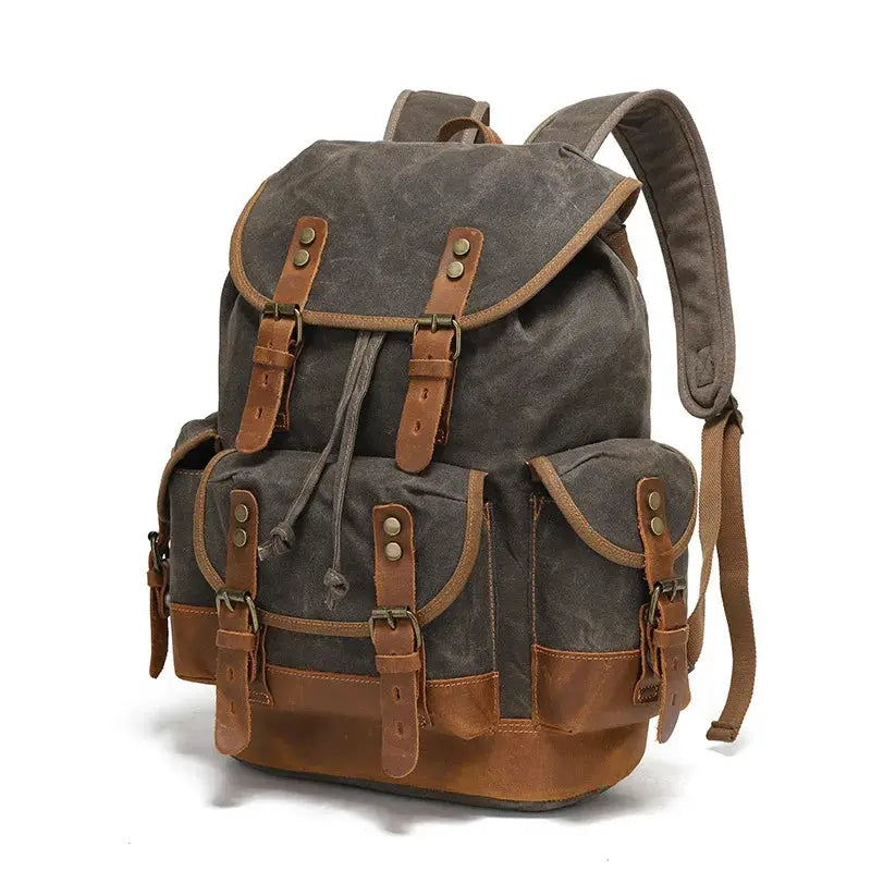 Vintage canvas backpack by Simples Market with brown leather straps, men's laptop daypack