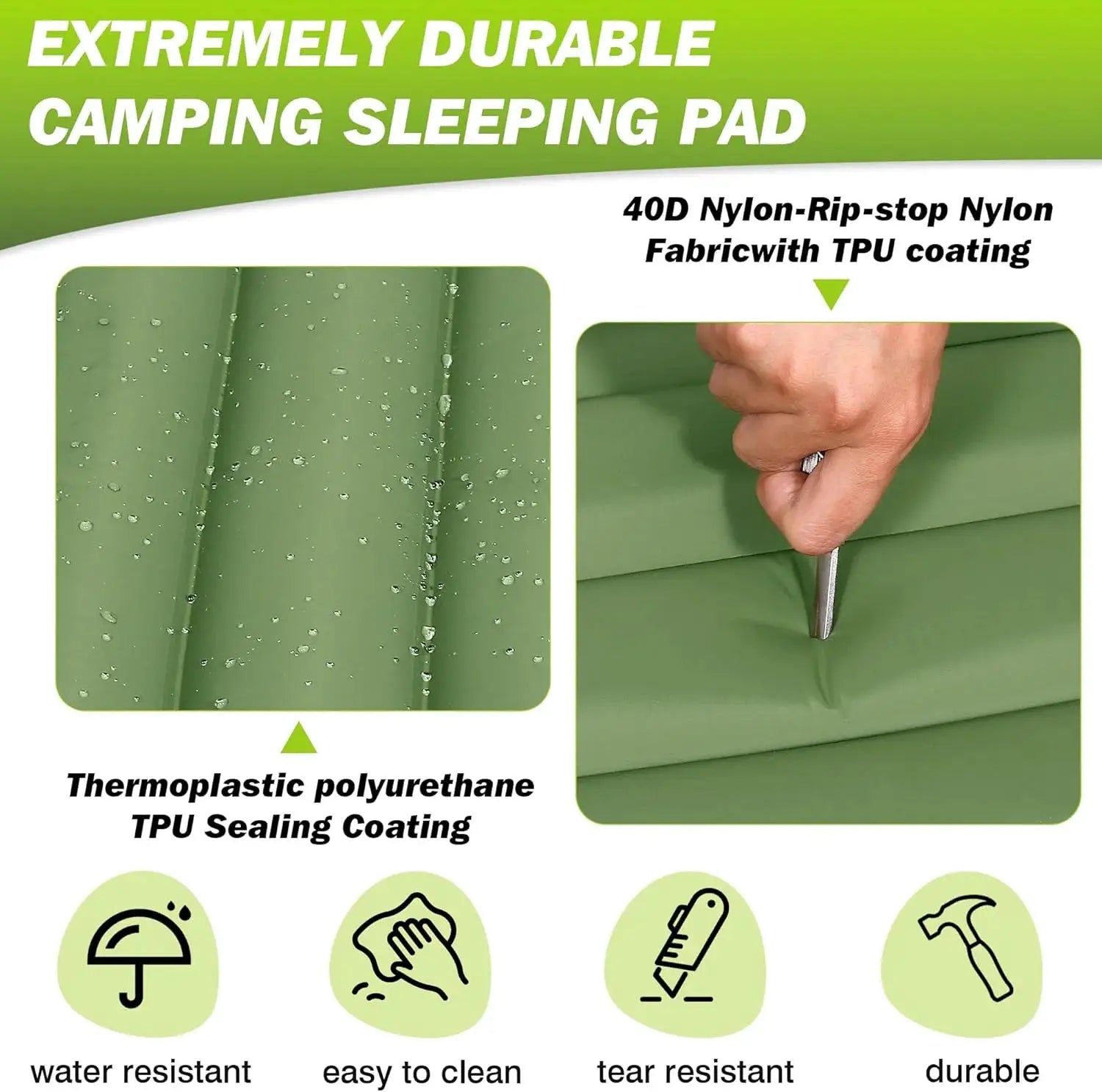 Simples Market camping sleeping pad, extra thick 4in, green nylon with TPU coating, self-inflating
