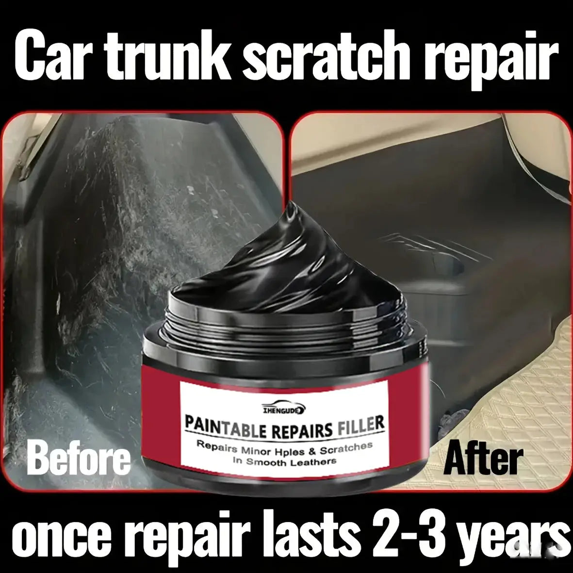 Simples Market Car interior restoration wax in black; paintable repair filler with nanocrystal layer, before/after