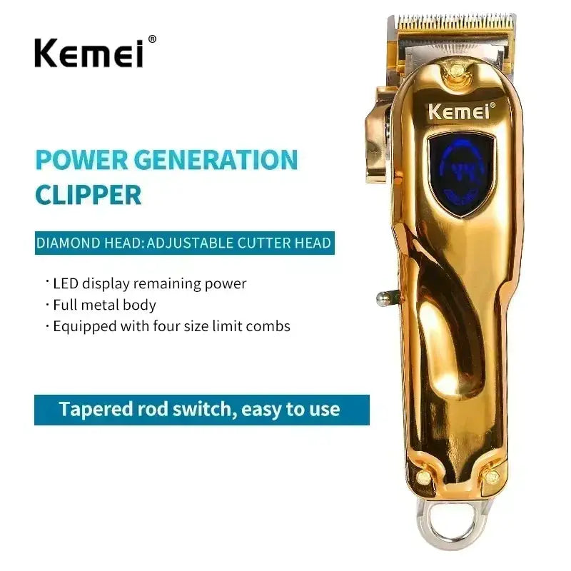 Kemei hair clipper KM-2010; professional metal-body trimmer in gold and silver with LED display