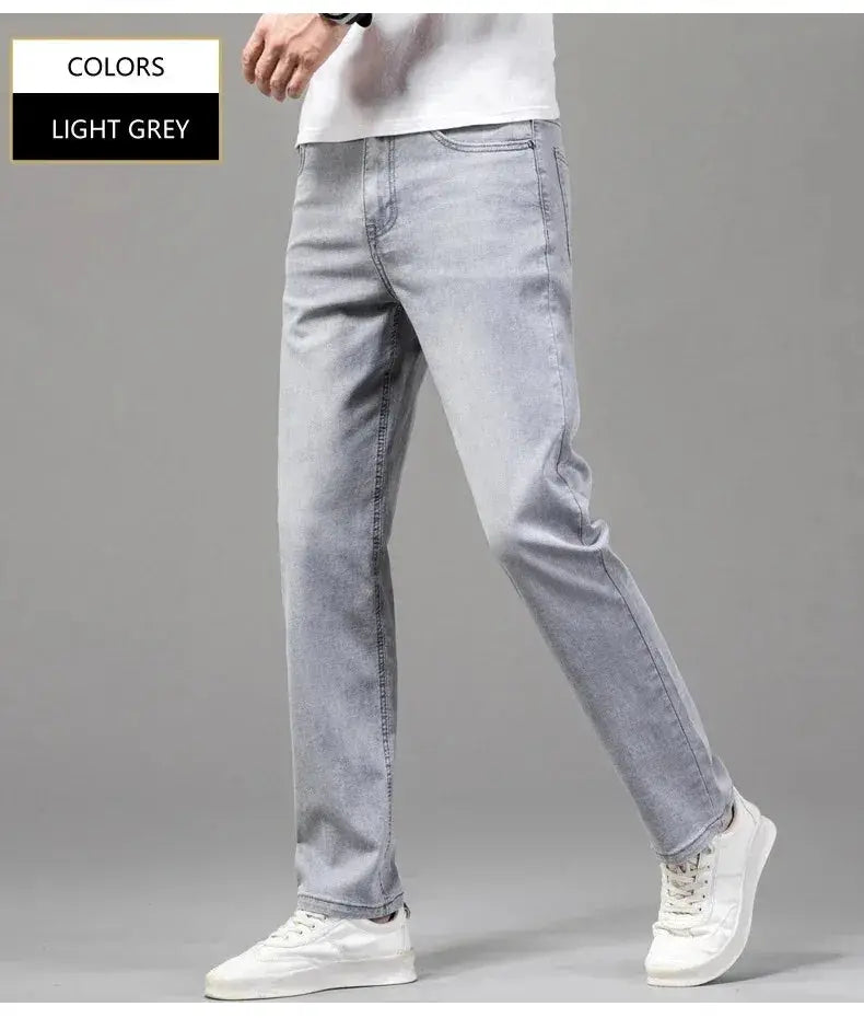 Men's light gray stretch-cotton jeans, straight-leg casual denim pants