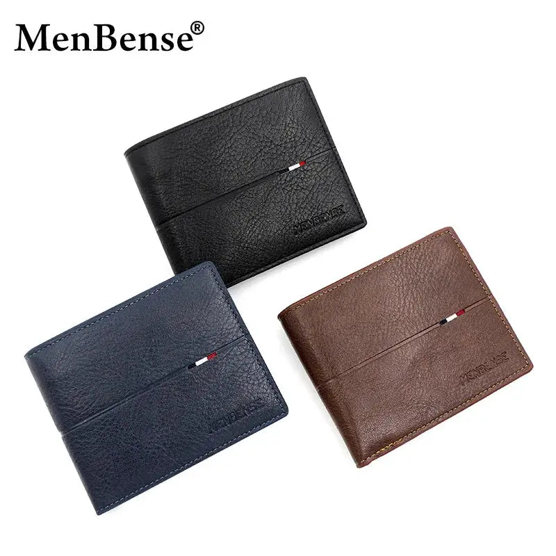 MenBense PU leather bifold wallet trio in black, blue, and brown with slim coin pocket