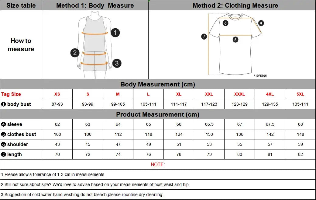 Simples Market AIOPESON 100% cotton men's solid color long-sleeve shirt size chart with body and shirt measurements