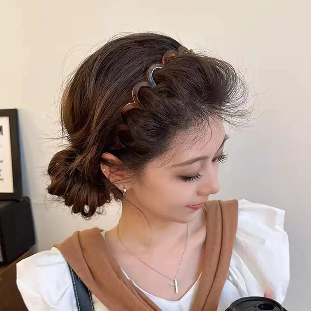 Korean women hair comb non-slip headband with plastic U-shaped teeth, brown tortoiseshell