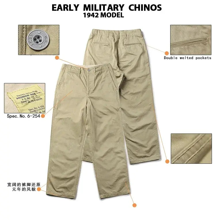 Rugged Bronson army chino trousers in khaki, 1942 pattern with double-welt pockets.