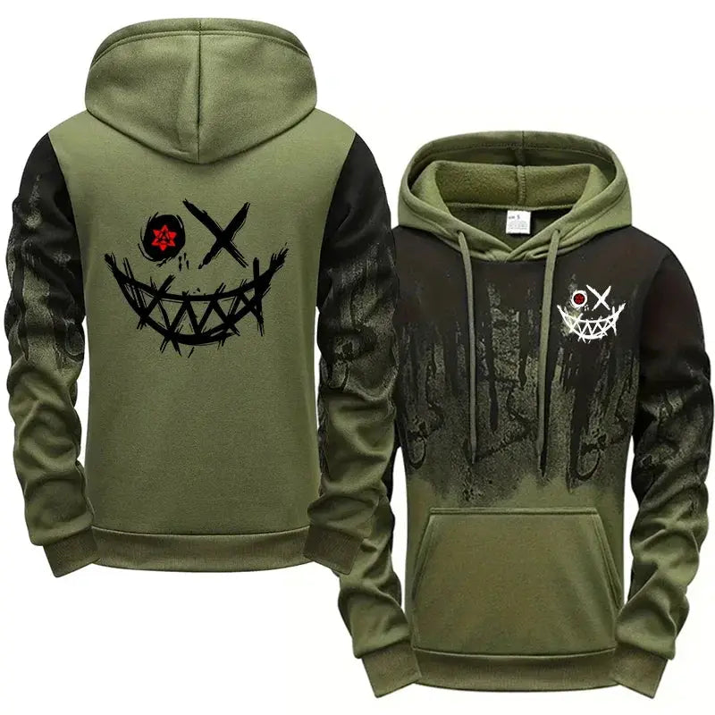 Men's olive green tracksuit hoodie and sweatpants set with black sleeves and splash ink print by Simples Market