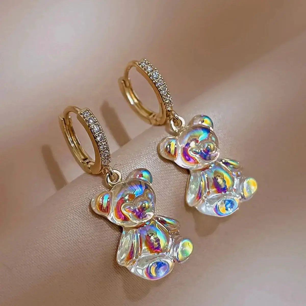 Cute Bear Drop Earrings With Cubic Zirconia In Golden Copper Trendy Party Wedding Jewelry Gift For Girls