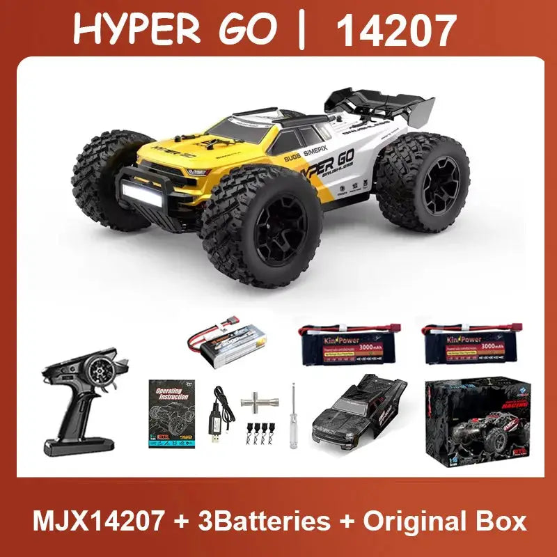 HYPER GO 14207 1/14 RC car by Simples Market, yellow/white 4WD brushless off-road with 3 batteries and remote