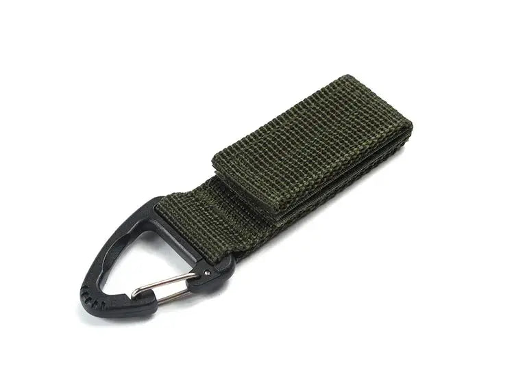 Olive green nylon strap with black carabiner clip for outdoor camping and climbing