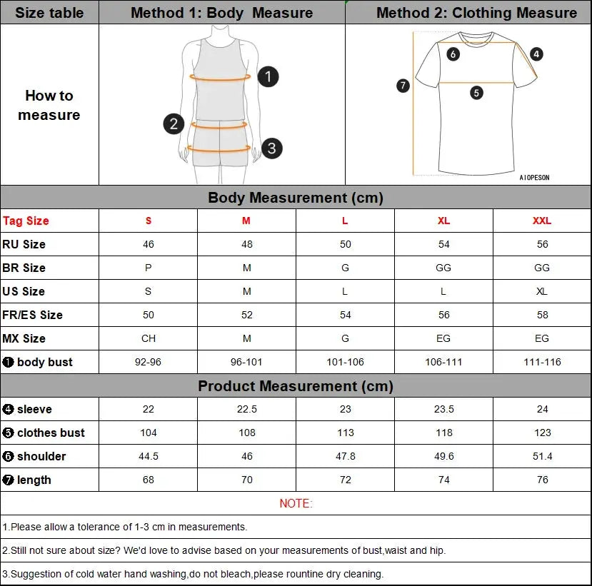 AIOPESON men's polo shirt size chart with body and clothing measurements and size table