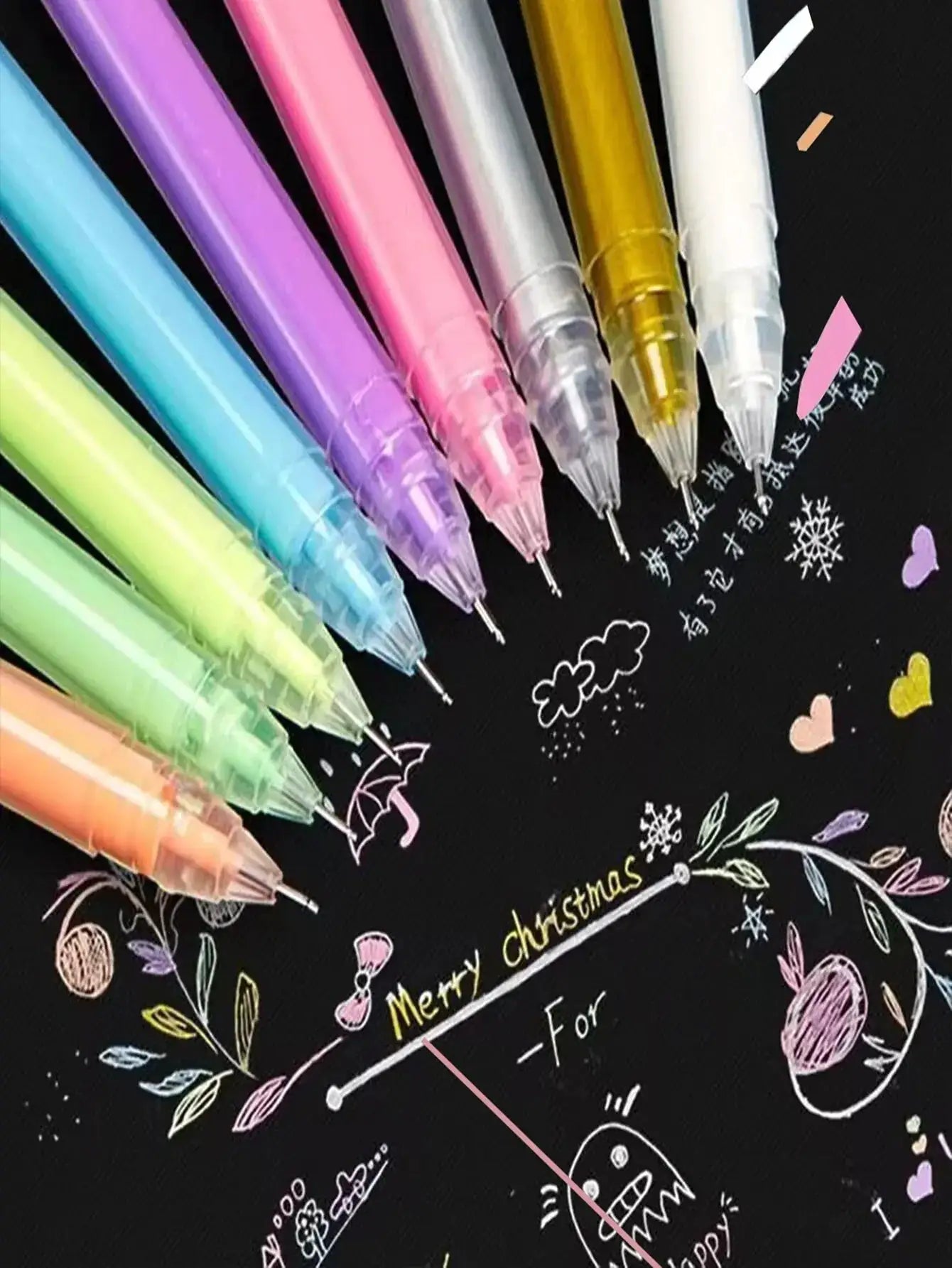 12-color gel pen set with fine 0.5mm tips in translucent barrels on a chalkboard background