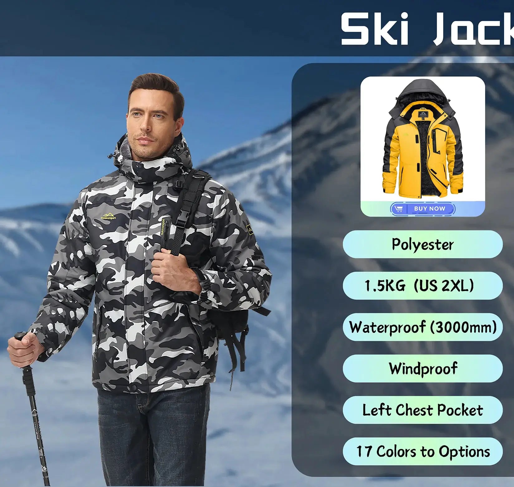 KEFITEVD men's camo ski jacket, waterproof and warm; two jackets shown (camouflage main and yellow inset) by Simples Market