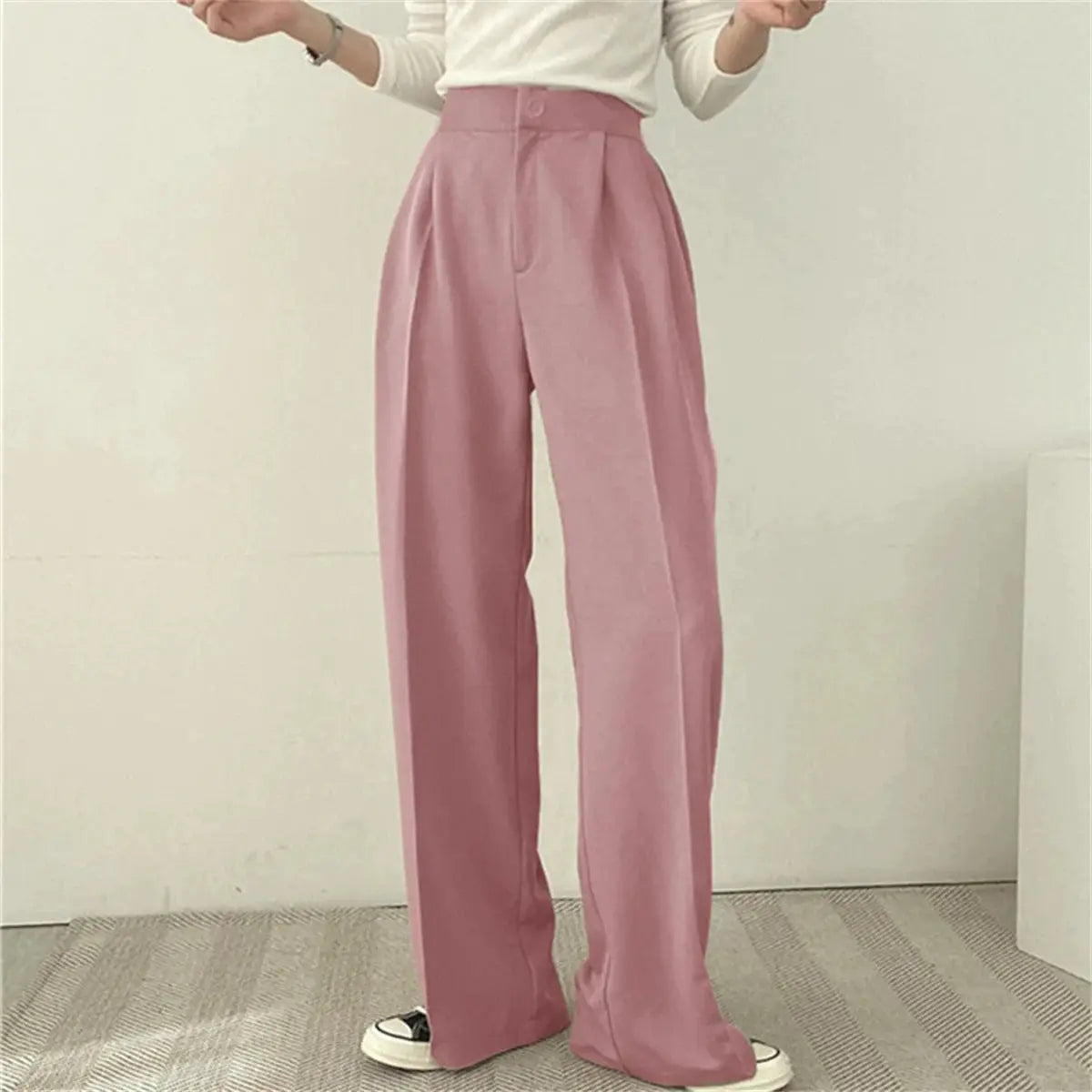Women's pink wide-leg pleated suit pants with high waist