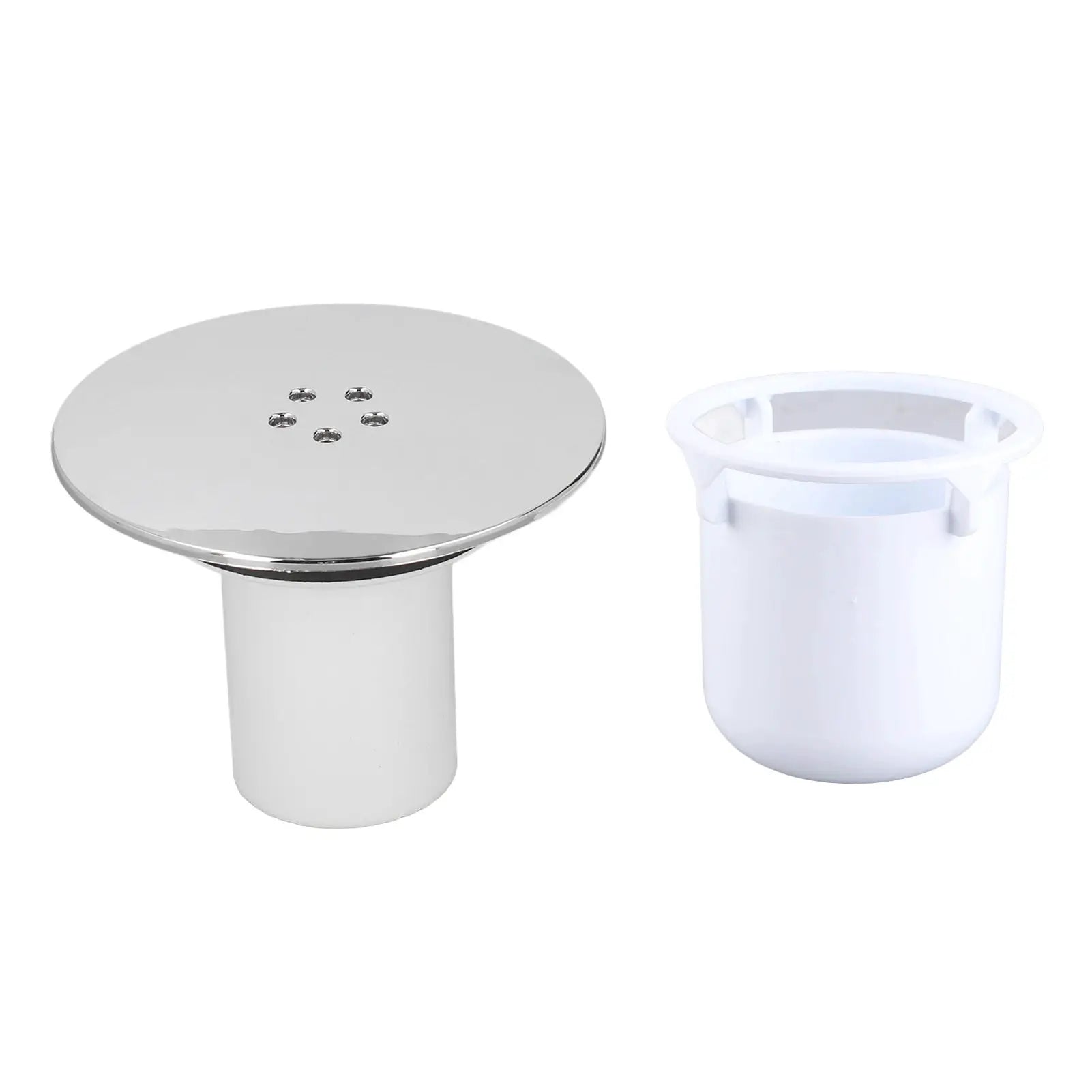 Shower drain cover chrome finish; round disk with small holes and white plastic trap adapter (2-piece set) Simples Market