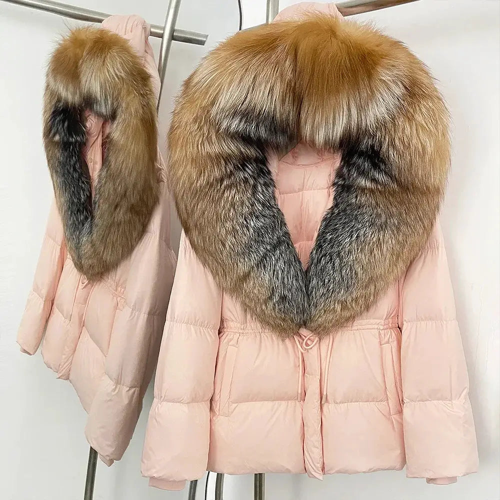Womens Real Fox Fur Collar Duck Down Coat With Raccoon Fur Trim Hooded Puffer Jacket