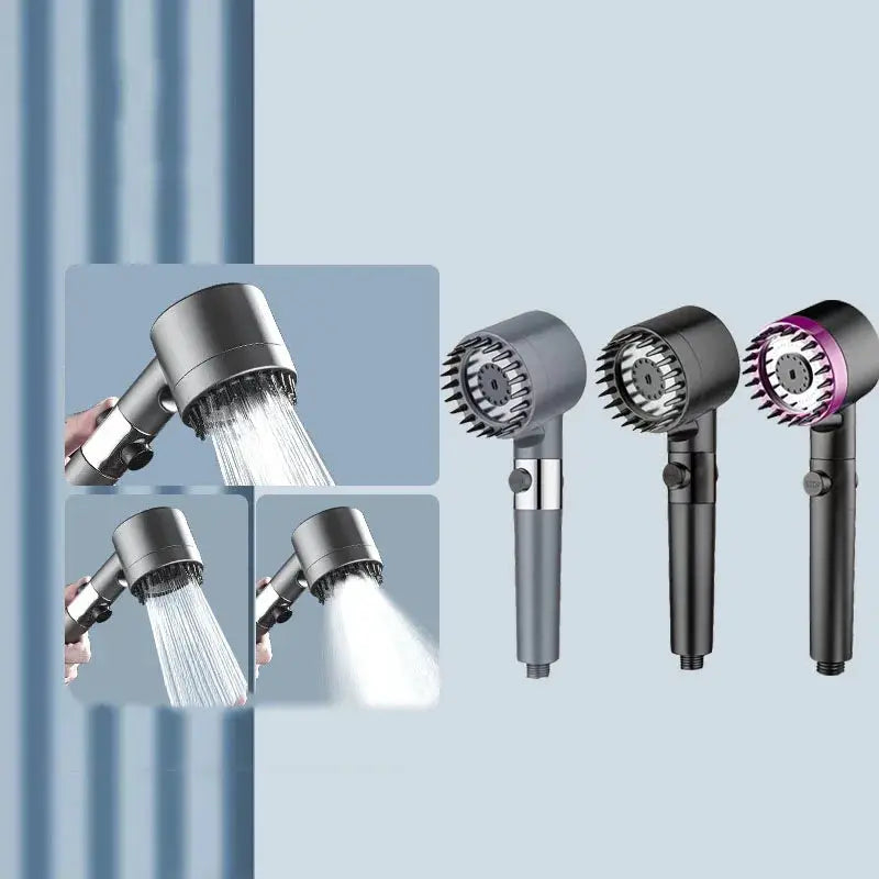 Simples Market portable shower filter with three output modes and stop knob; three spray heads in gray, black, purple.