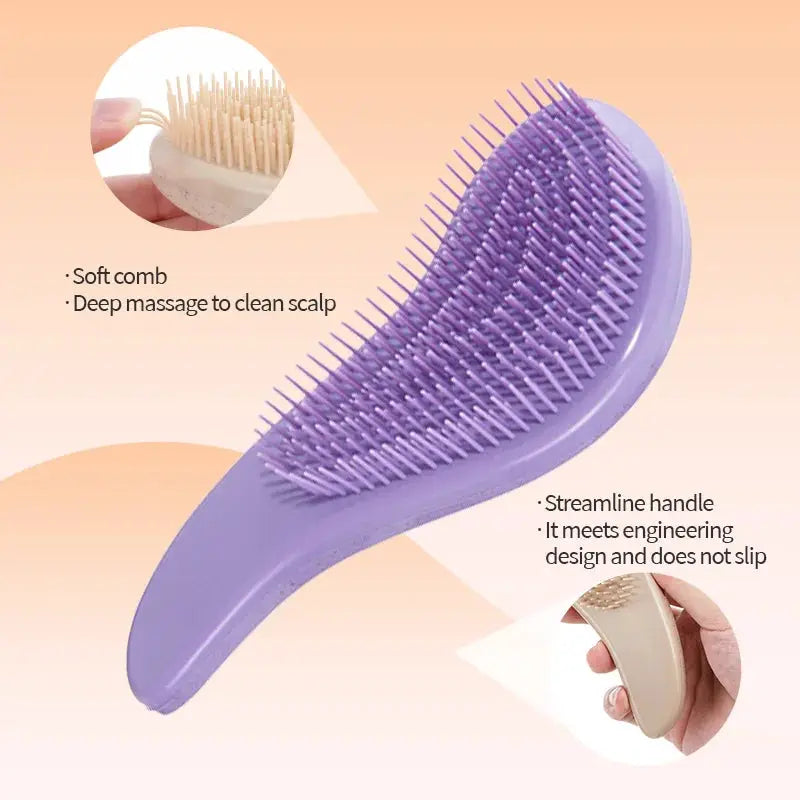 Purple detangling hairbrush with soft wheat straw bristles and a non-slip streamlined handle