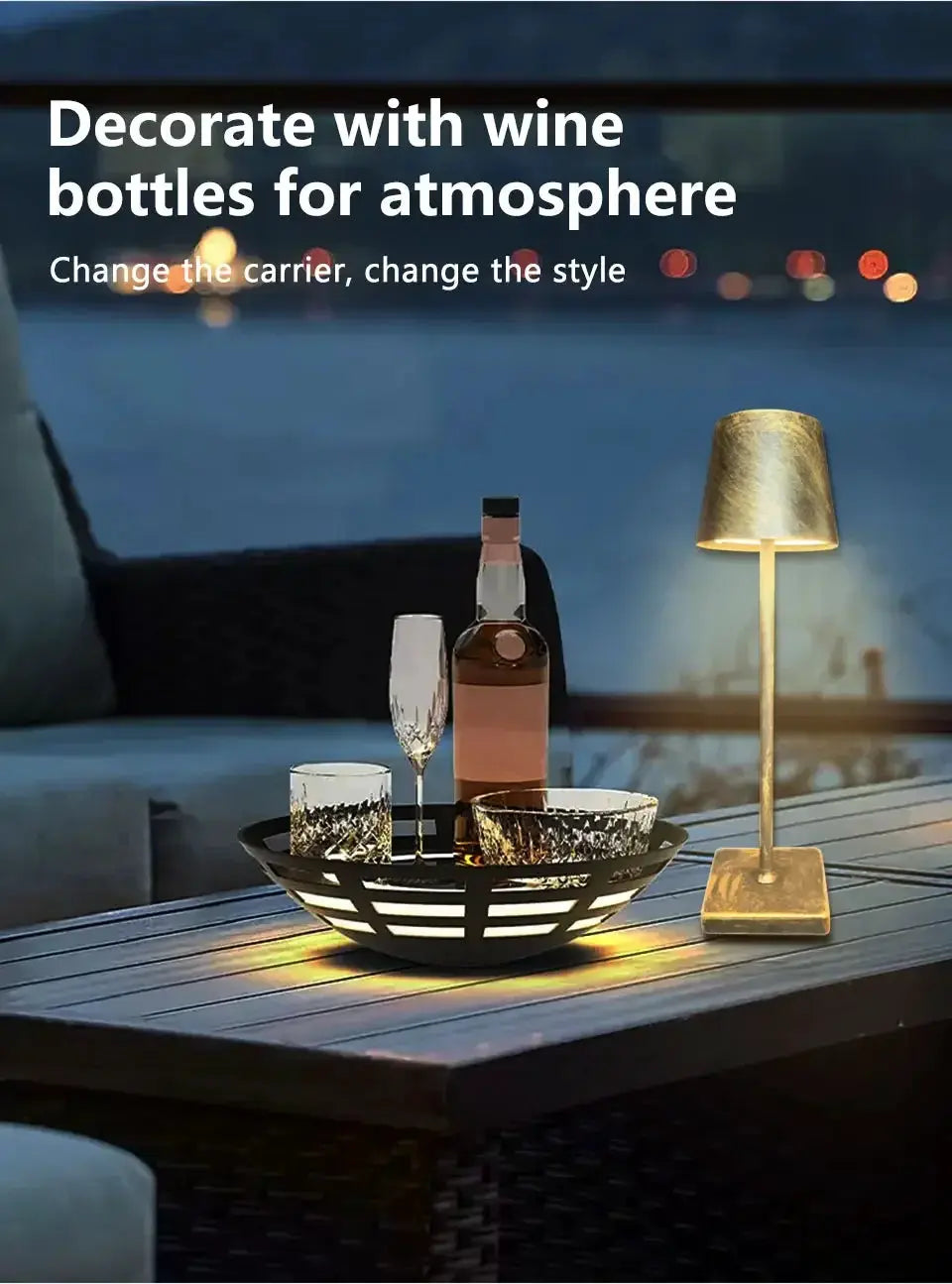 LED desk lamp USB rechargeable wireless touch night light, 3 color options, gold metal finish on outdoor dining table.